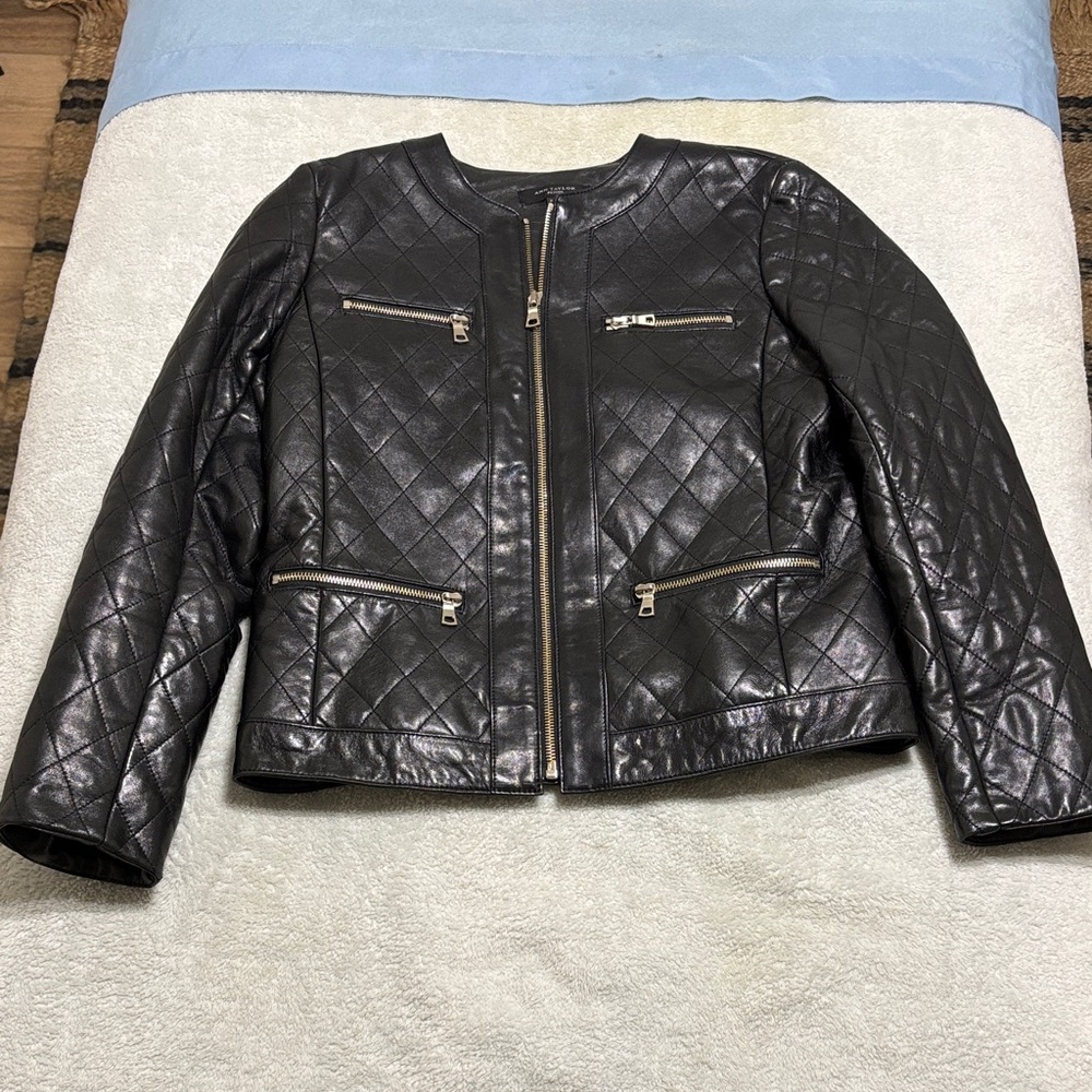 Ann Taylor Black Real Leather Quilted Moto Jacket Collarless Zip Coat Petite S